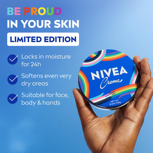 NIVEA pride tin open showing thick creme inside for concentrated moisture