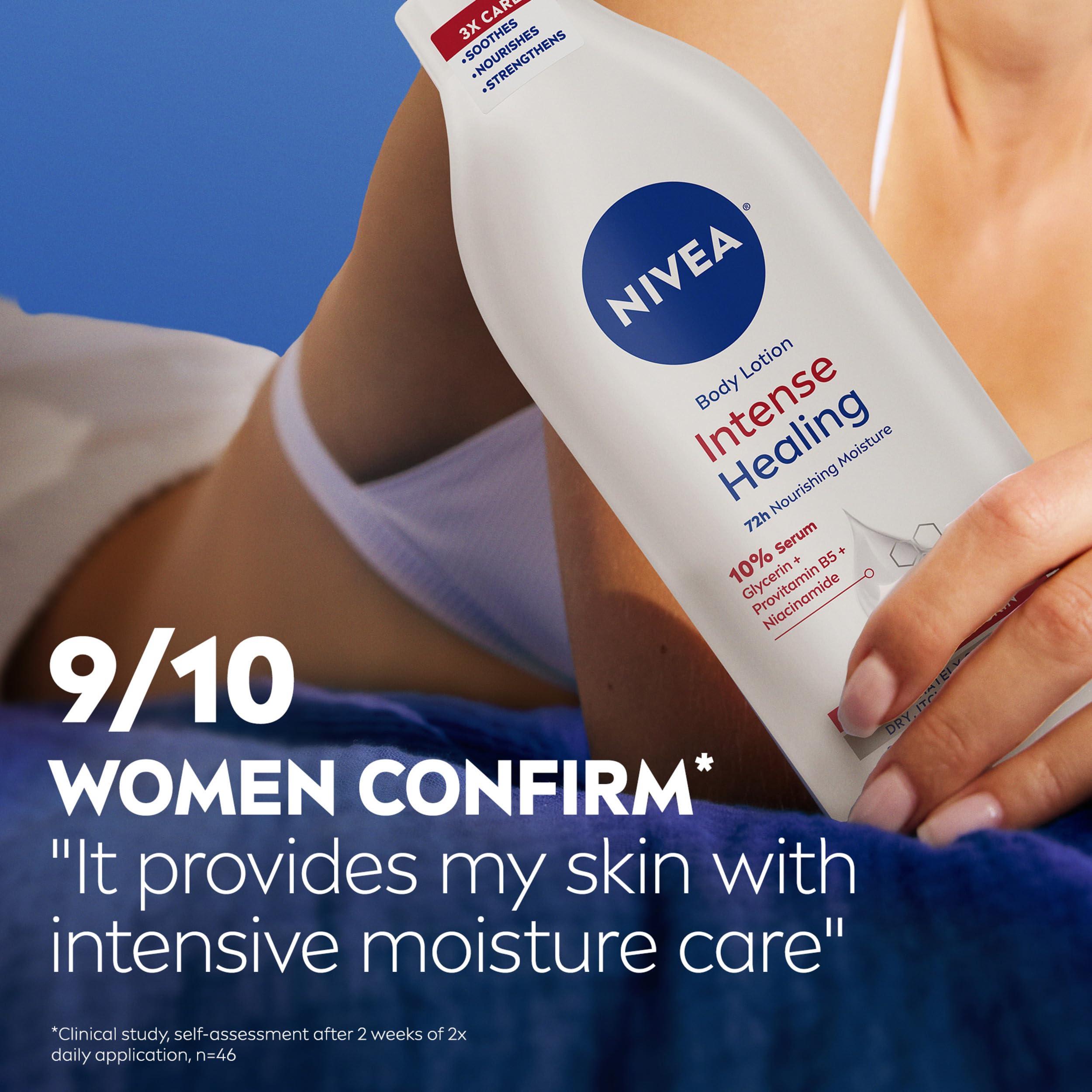 NIVEA bottle next to hand showing 16.9 fl oz size and value