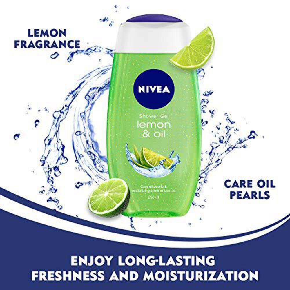 NIVEA bottle next to hand for scale showing 250ml size and travel-friendly benefit
