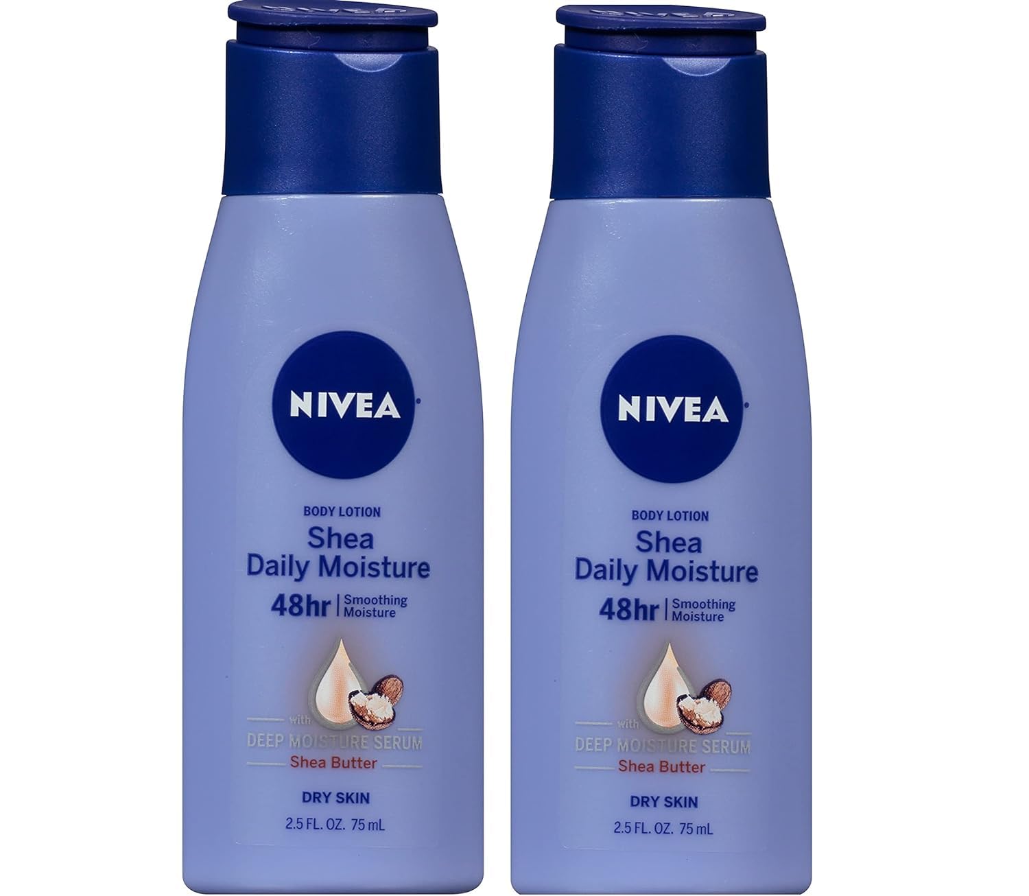 NIVEA front packaging showing twin 2.5 fl oz bottles and quick hydration