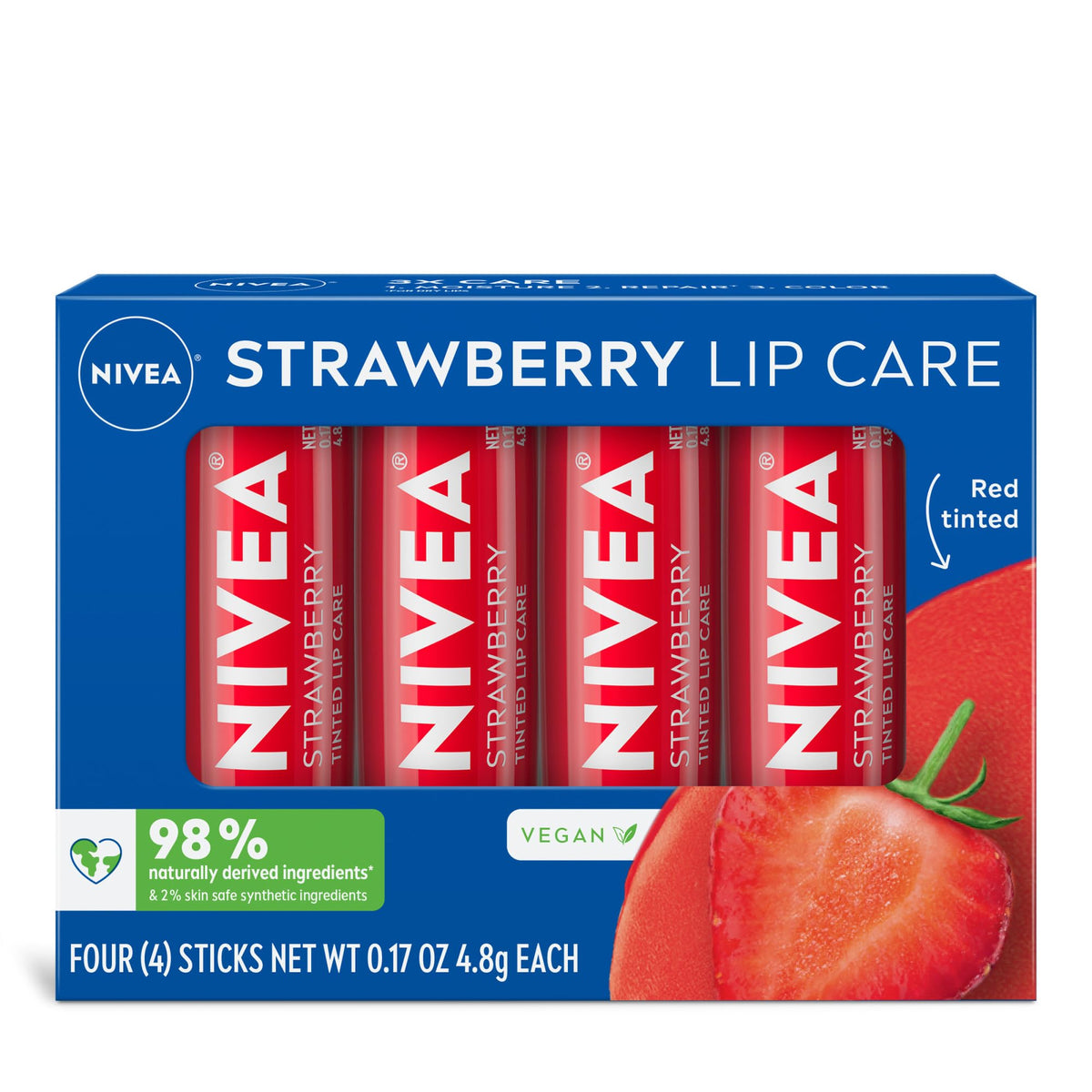 NIVEA front packaging showing strawberry tinted lip balm and benefits