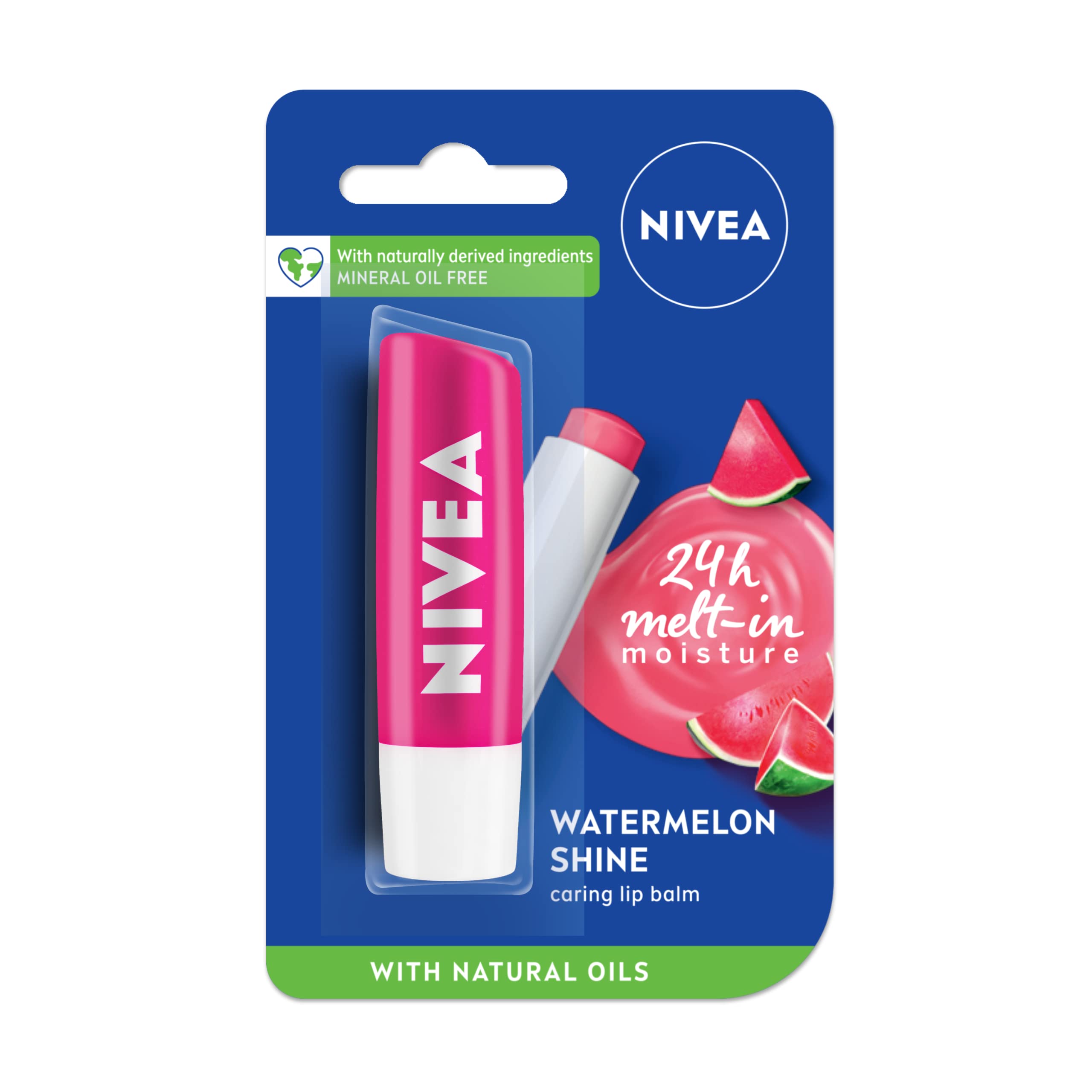 NIVEA watermelon front packaging showing compact balm and flavor benefit