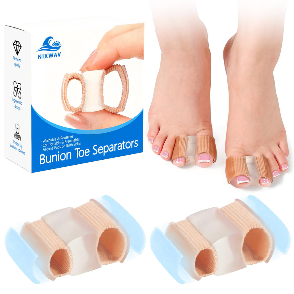 NIXWAV front packaging showing two gel bunion separators for daily relief