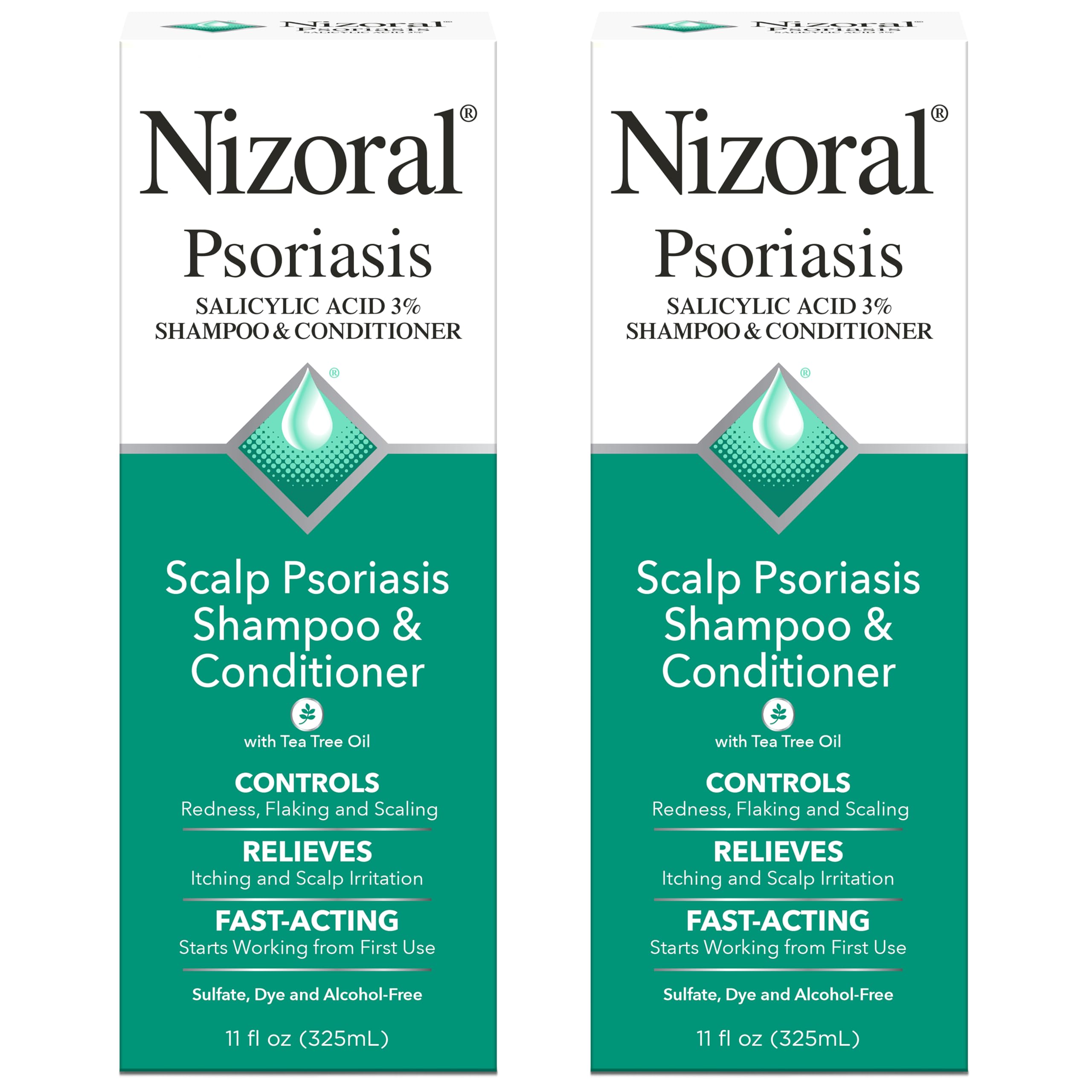 Nizoral front packaging shows 11 oz bottle and calming benefits