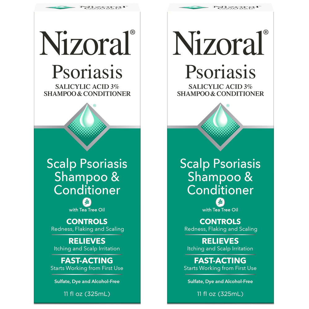 Nizoral front packaging shows 11 oz bottle and calming benefits