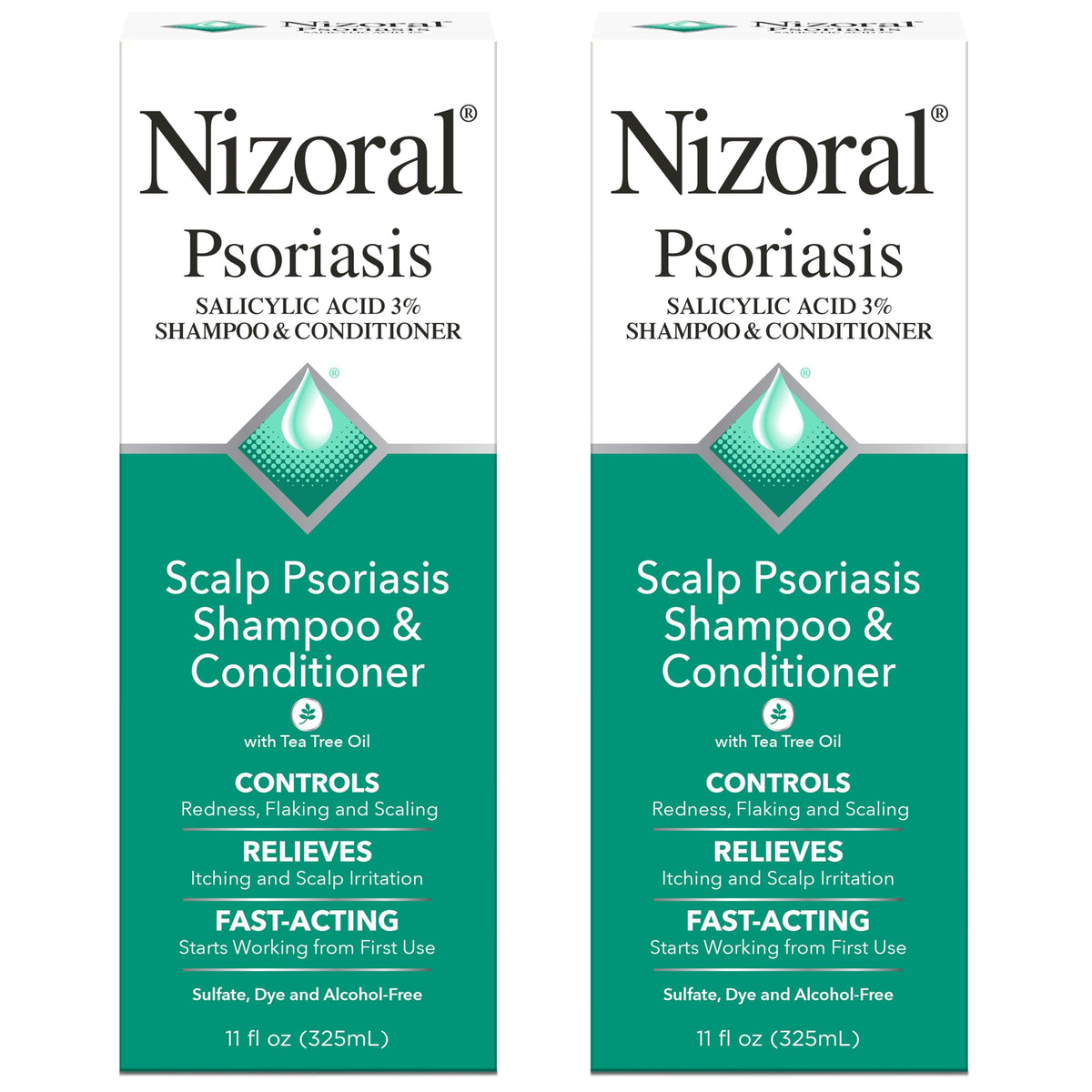 Nizoral front packaging shows 11 oz bottle and calming benefits