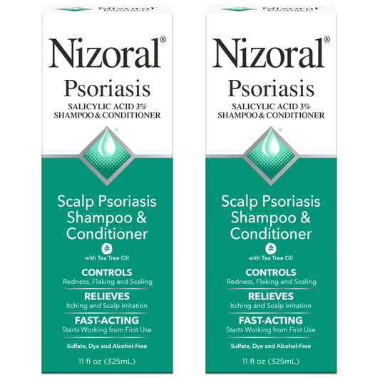 Nizoral front packaging shows 11 oz bottle and calming benefits