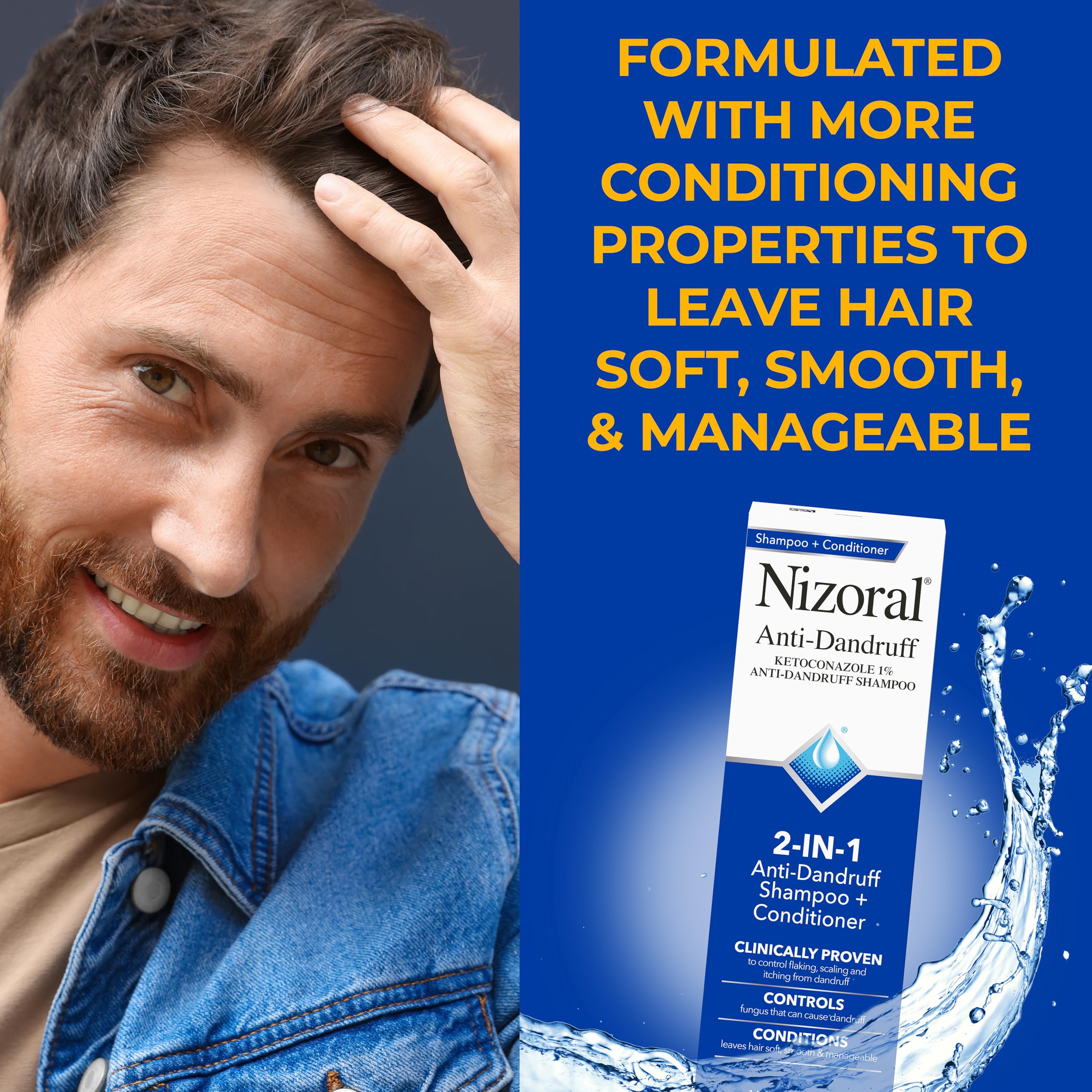 Nizoral bottle held in hand to show true size and easy shower handling benefit