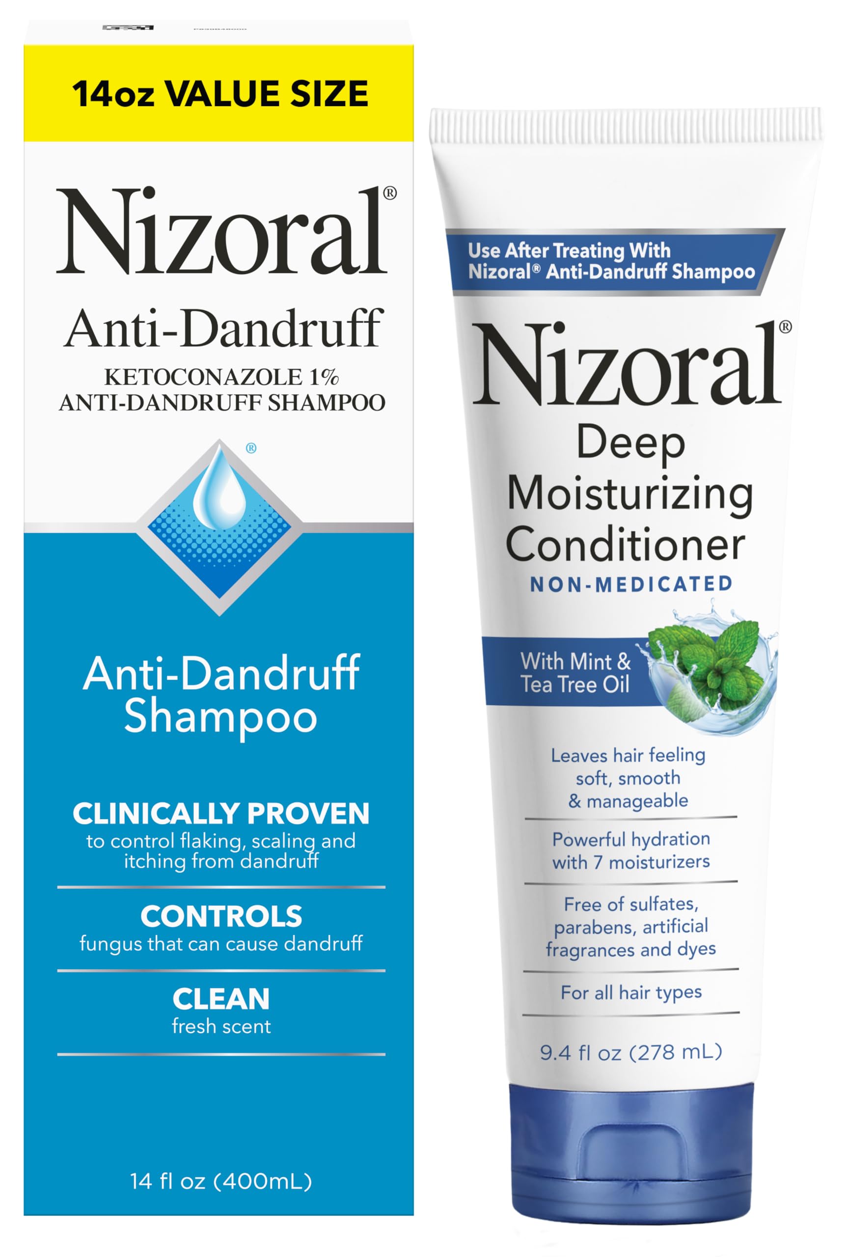 Nizoral front packaging showing bundled shampoo and conditioner for dandruff control