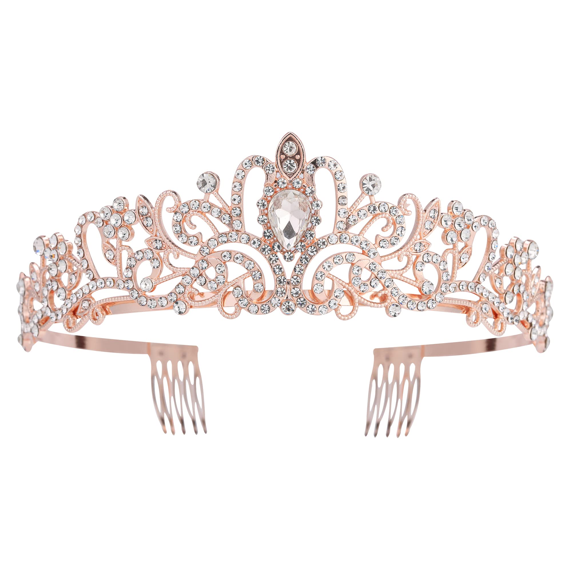 Nljihkure rose gold tiara front view showcasing regal sparkle and wedding-ready effect