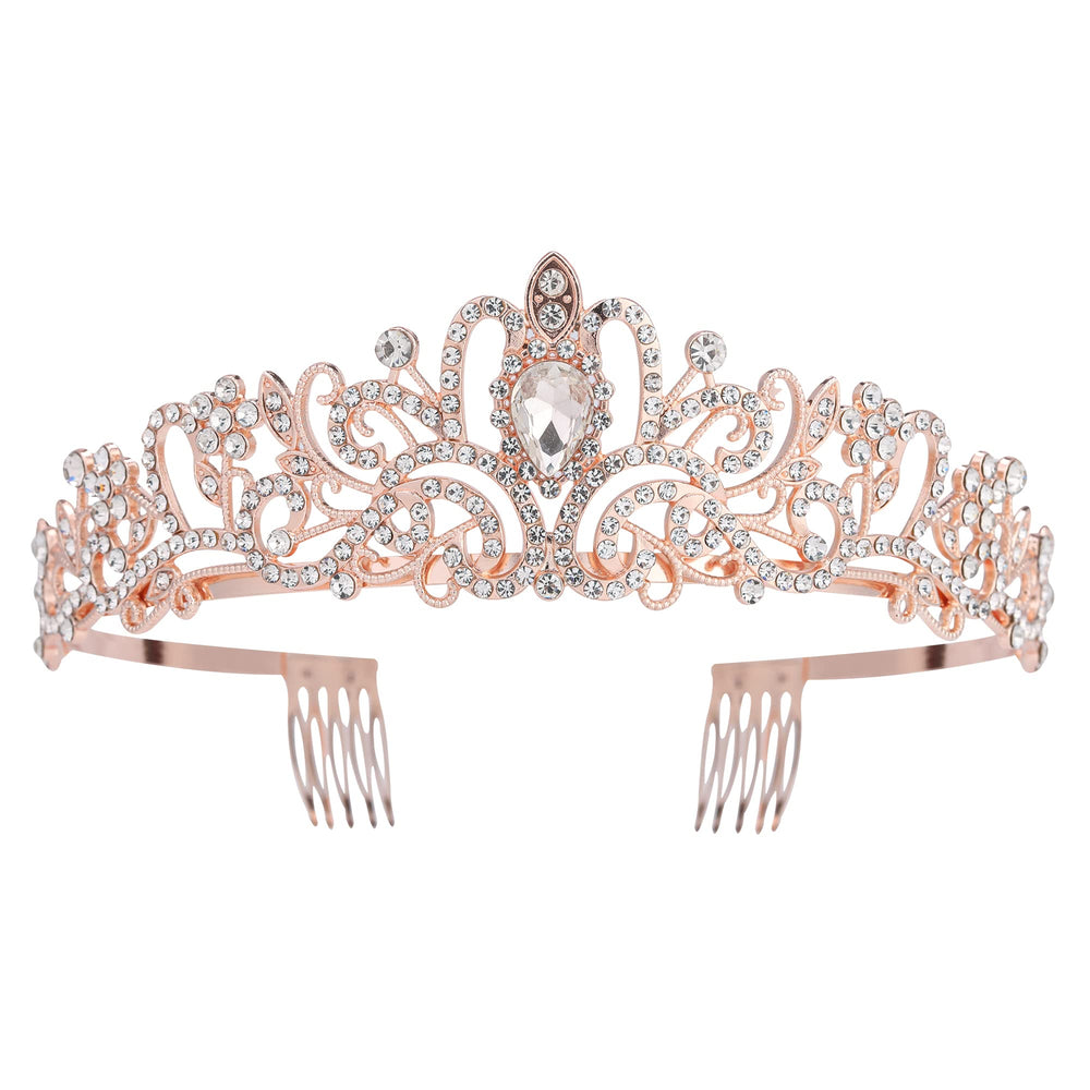 Nljihkure rose gold tiara front view showcasing regal sparkle and wedding-ready effect