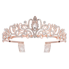 Nljihkure rose gold tiara front view showcasing regal sparkle and wedding-ready effect