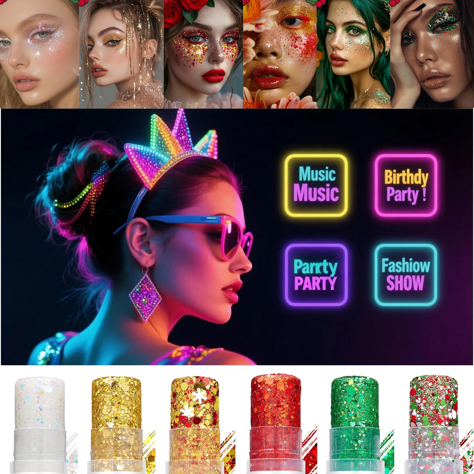 NLTYRB model with cheek glitter accent for bold concert presence