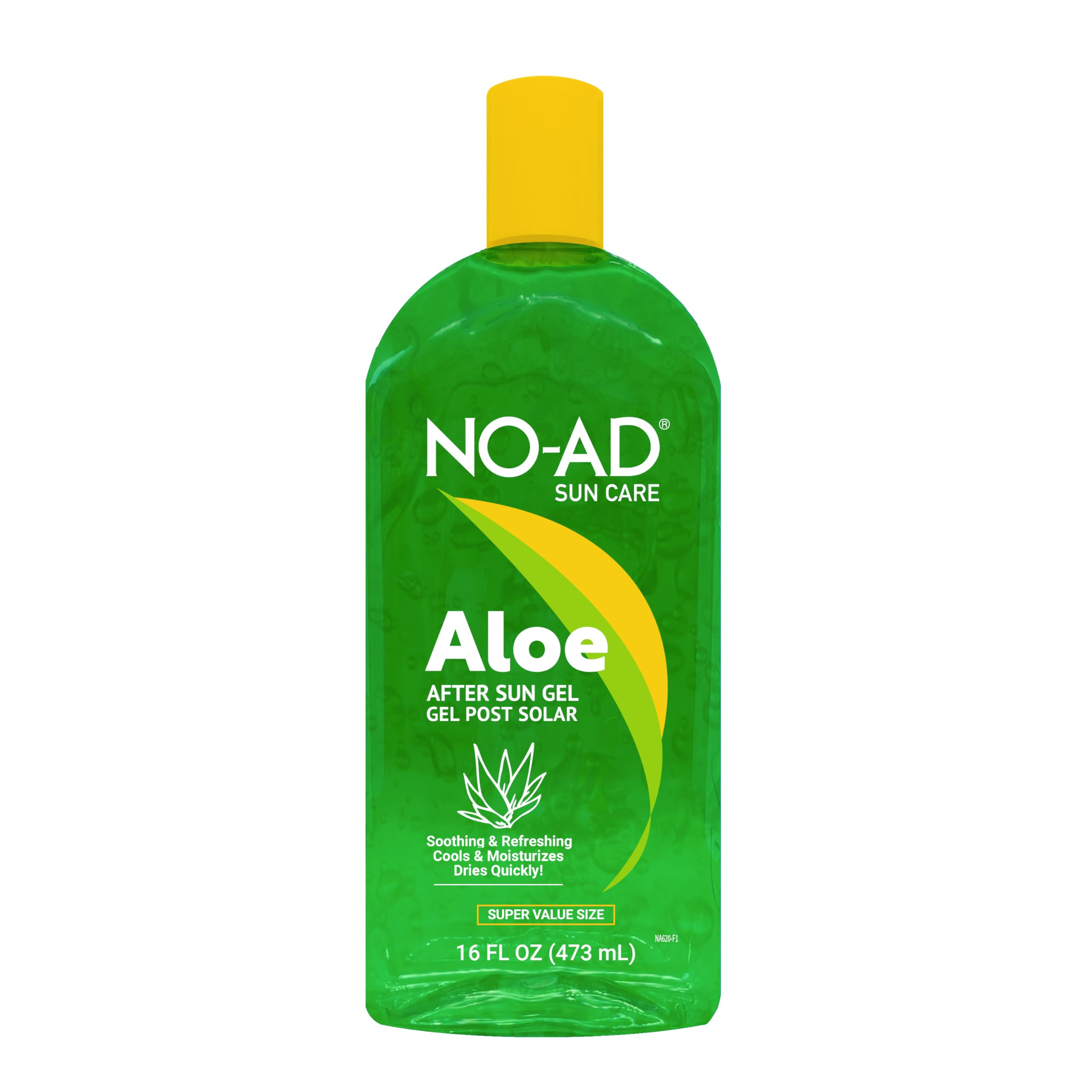 NO-AD aloe after sun front packaging showing bottle and cooling gel benefits