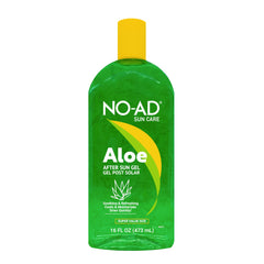 NO-AD aloe after sun front packaging showing bottle and cooling gel benefits