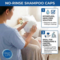 Caregiver using No-Rinse cap bedside for safe, waterless hair wash