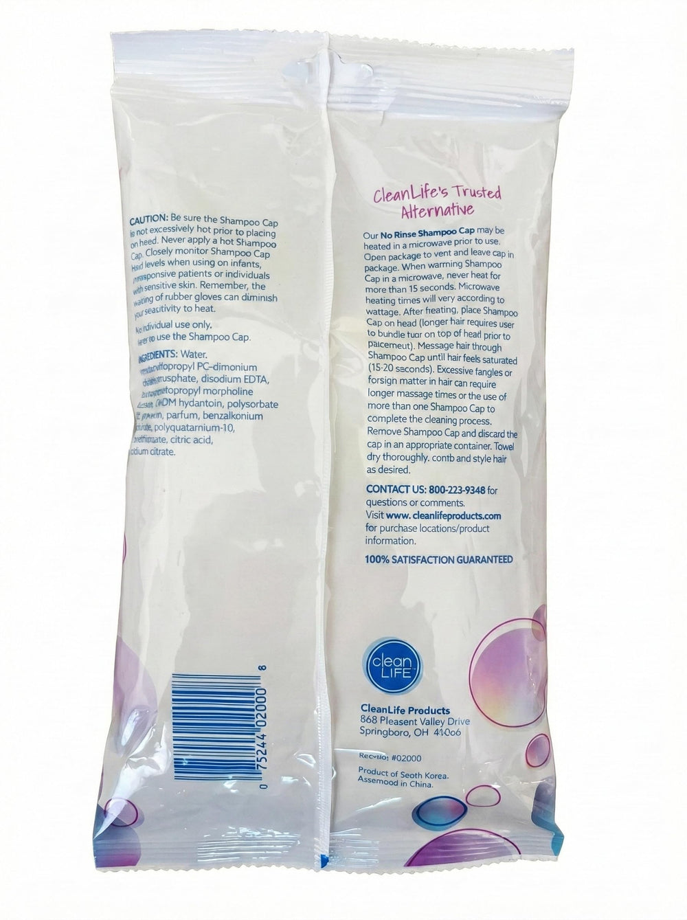 No-Rinse cap label detail highlighting hypoallergenic, latex-free formula