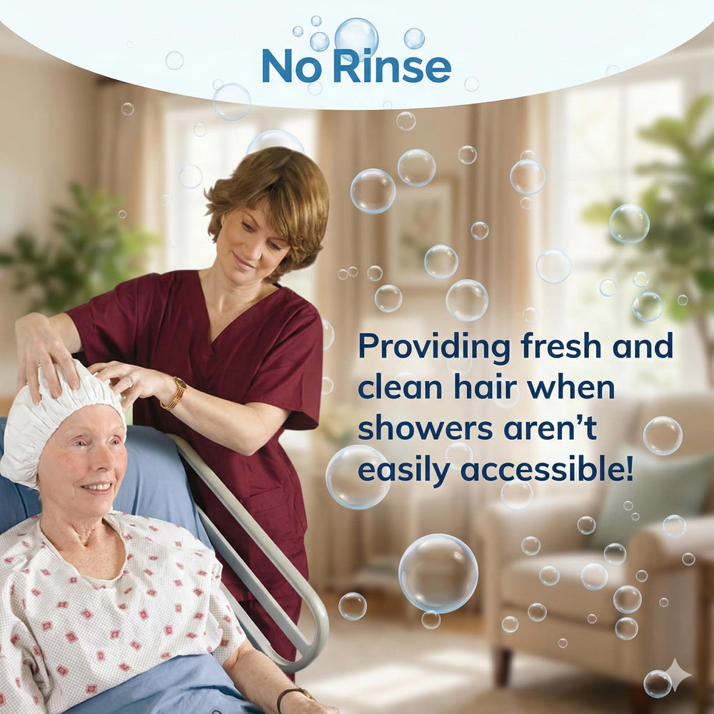 Hand holding No-Rinse cap to show compact size and easy handling
