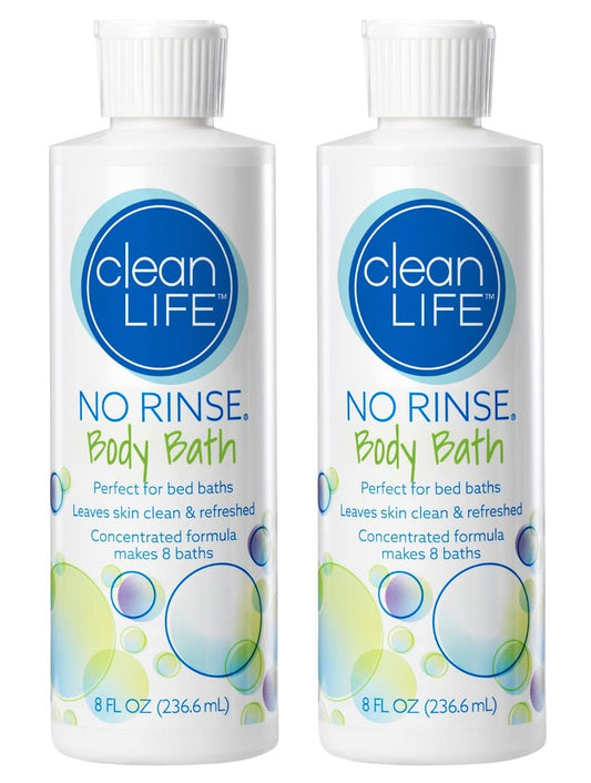 No-Rinse CleanLife front packaging showing two bottles and clear labeling, convenient storage benefit