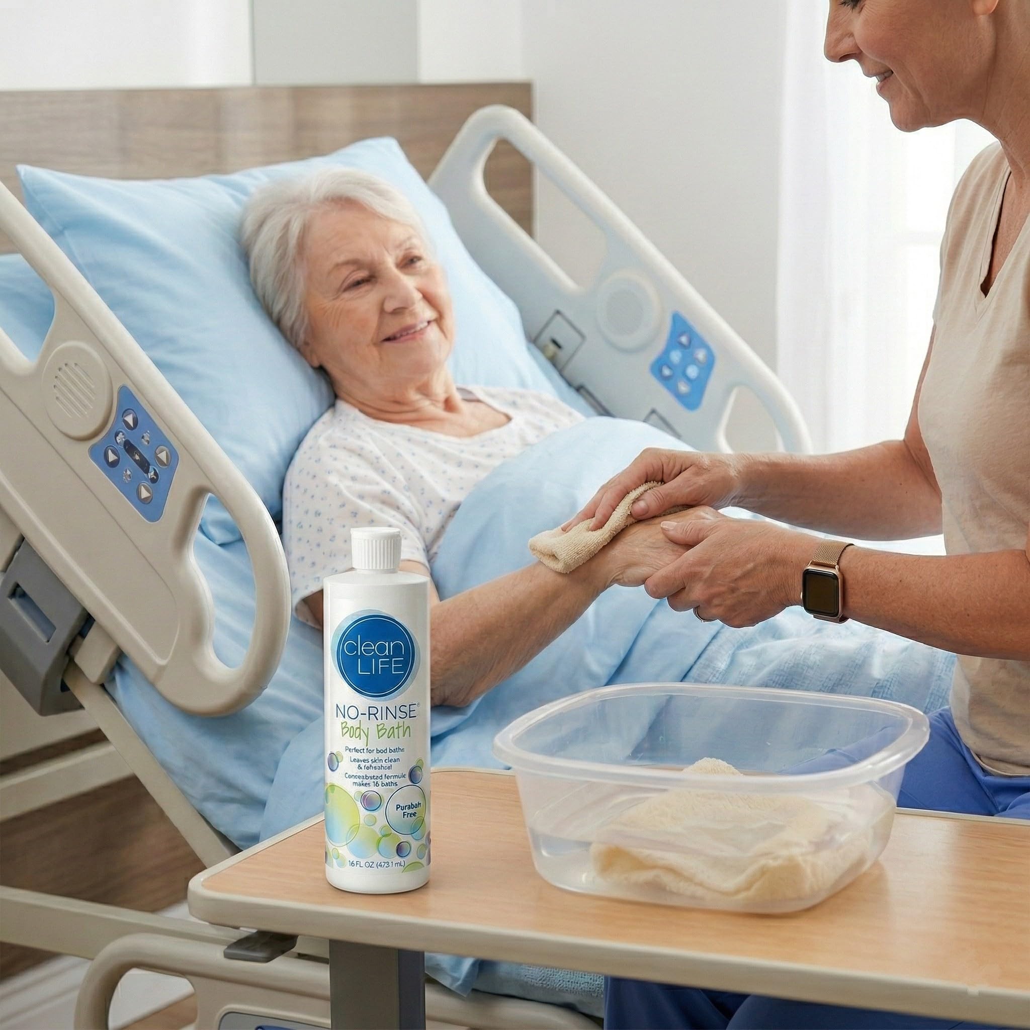 Caregiver using washcloth with No-Rinse brand solution to gently cleanse skin