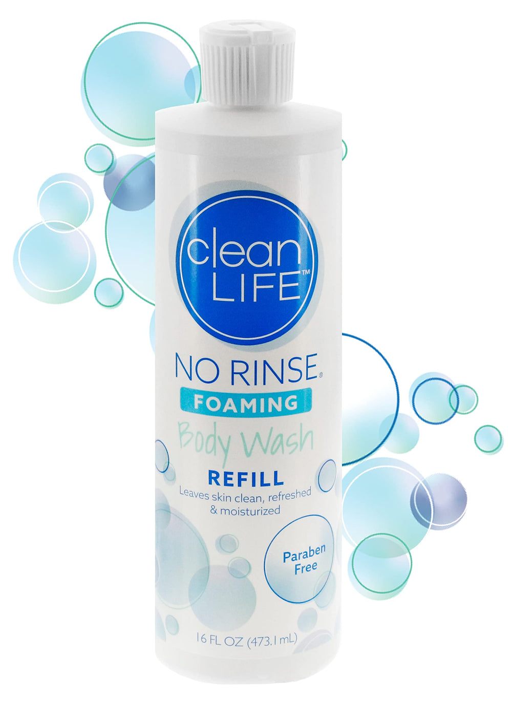 No-Rinse bottle front label showing product and refill size benefits
