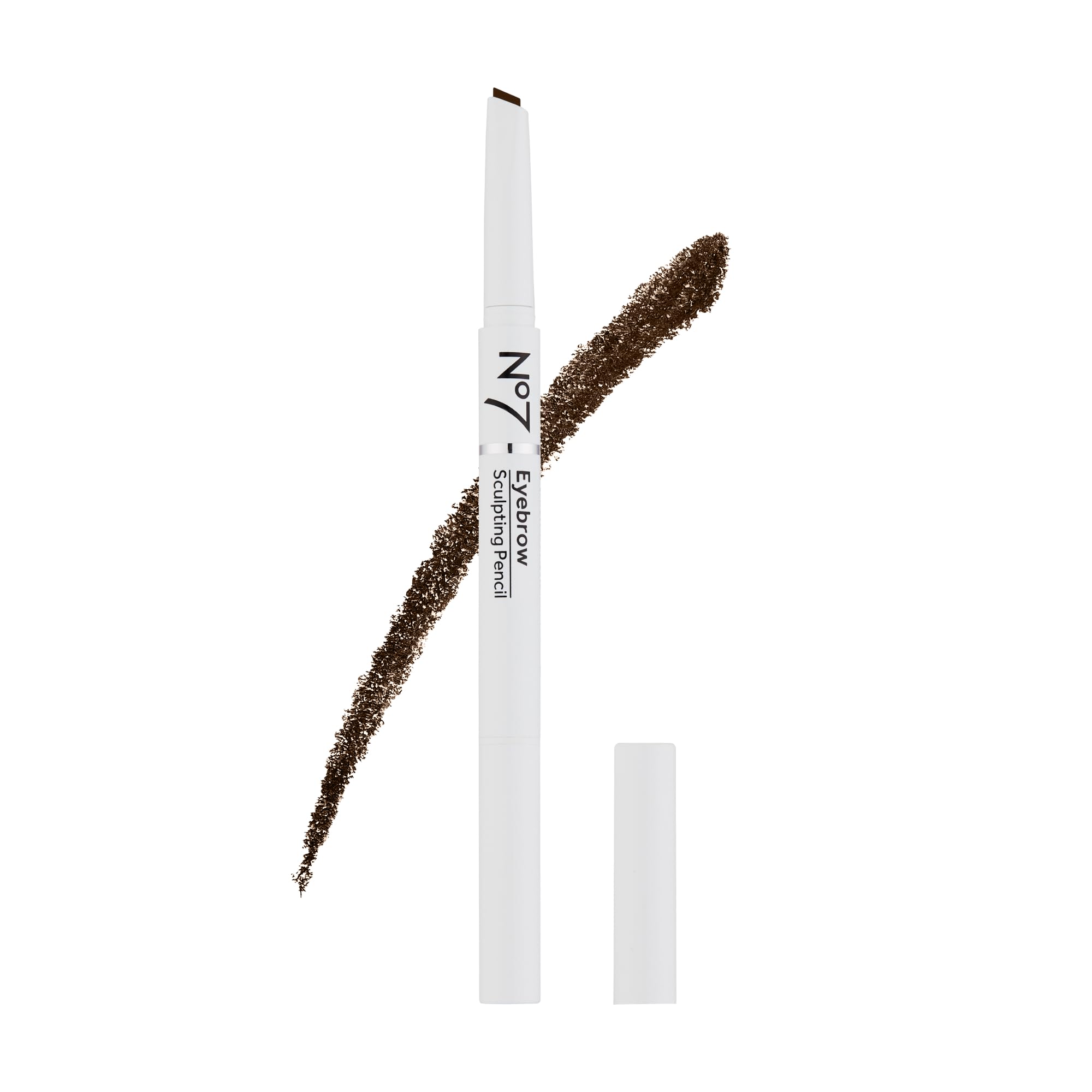 No7 brow pencil front view showing packaging and slim design for travel