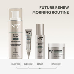 No7 Future Renew on a daylight bathroom shelf showing daily-use convenience benefit