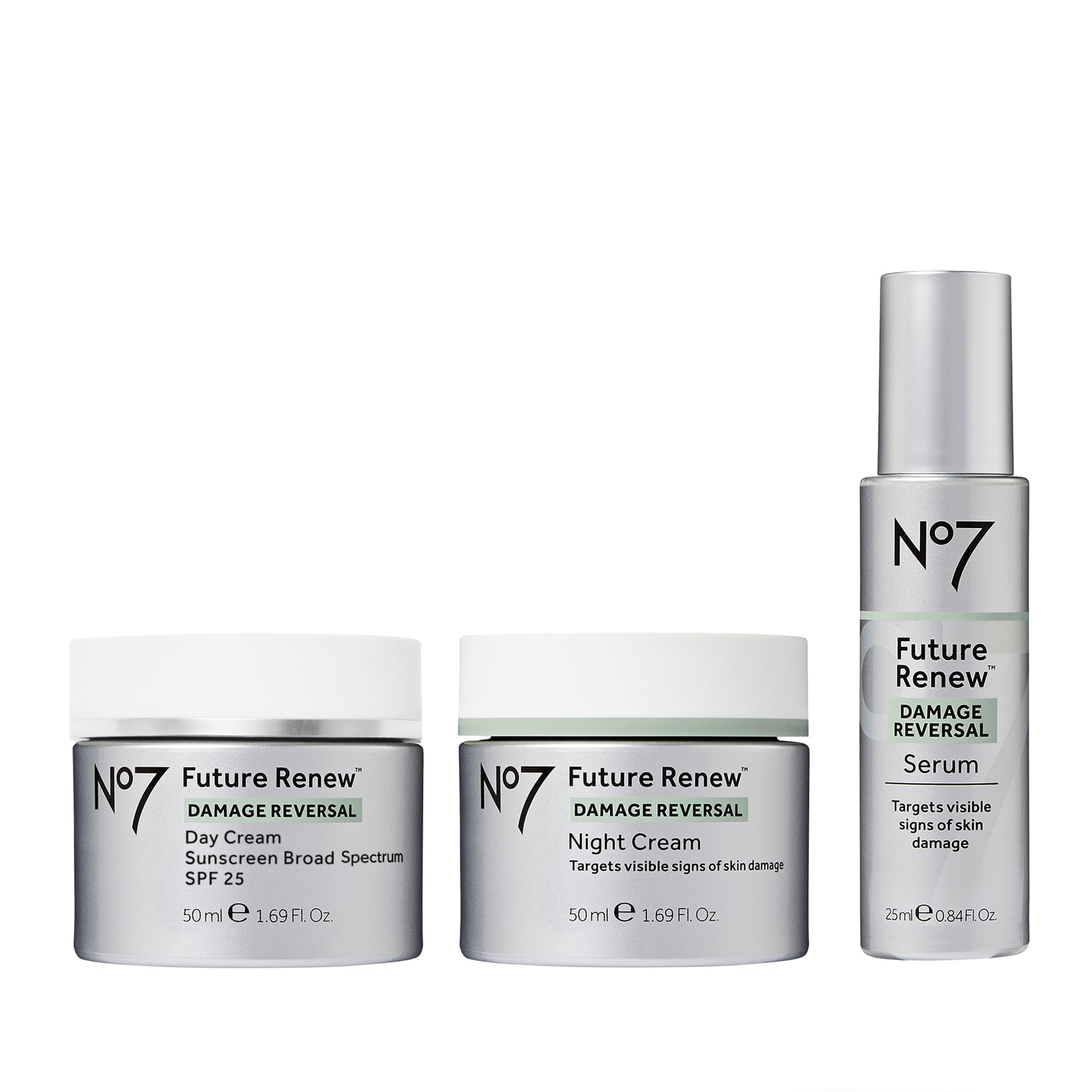 No7 front packaging showing the three-piece set and benefits
