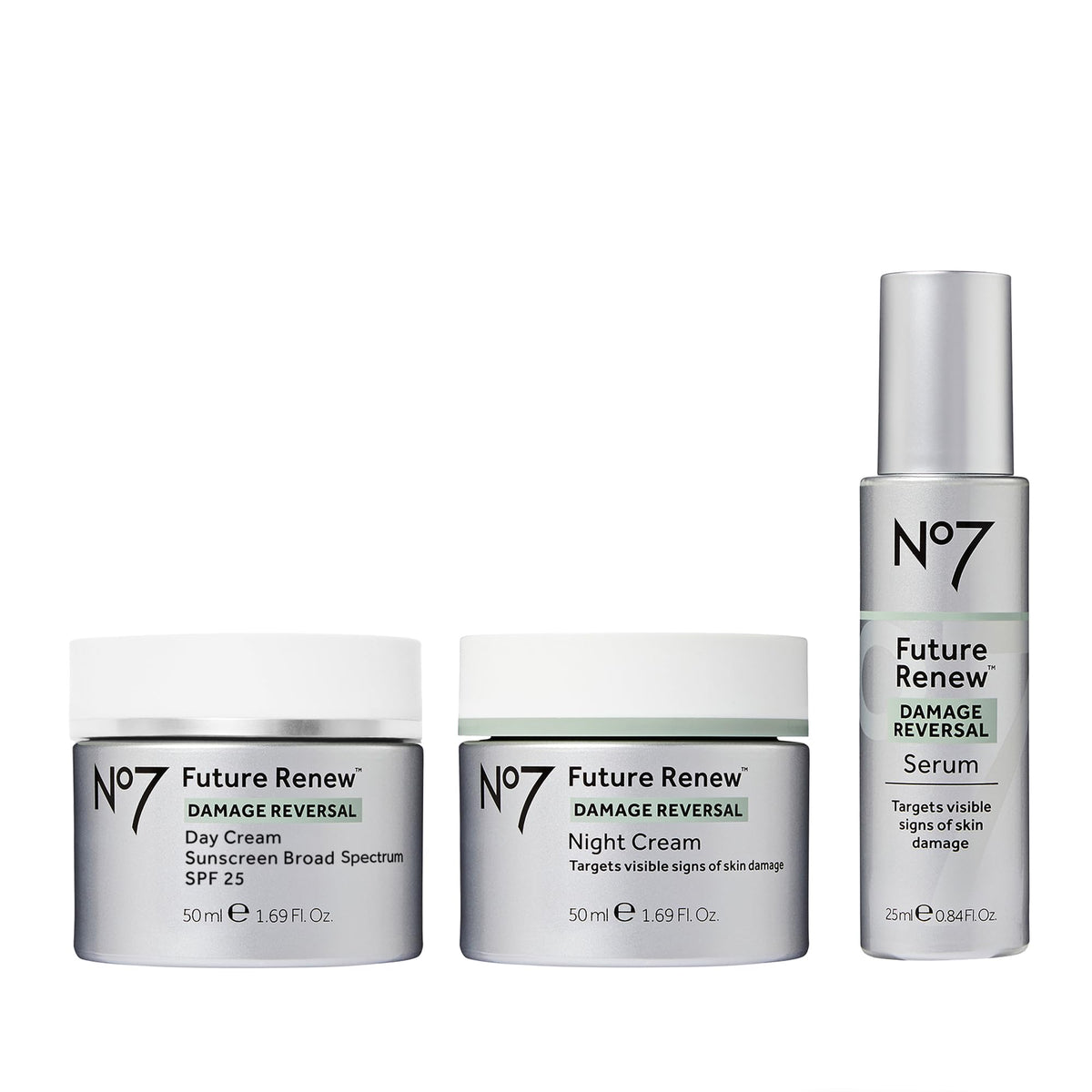 No7 front packaging showing the three-piece set and benefits