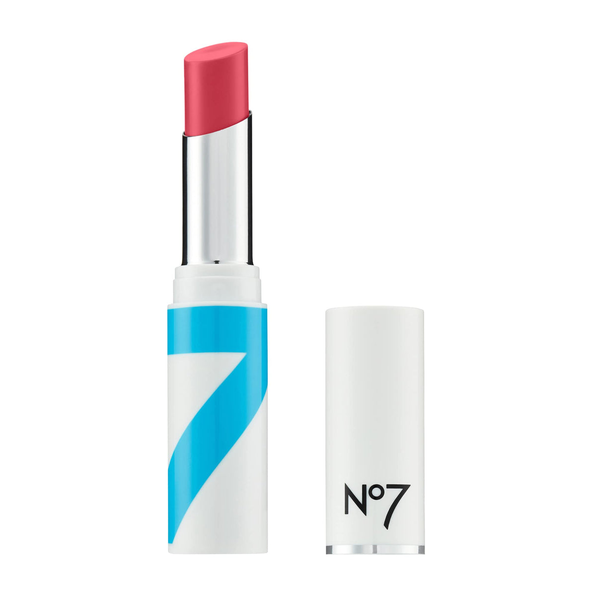No7 hydraluminous lip balm front view showing blush shade and packaging benefits