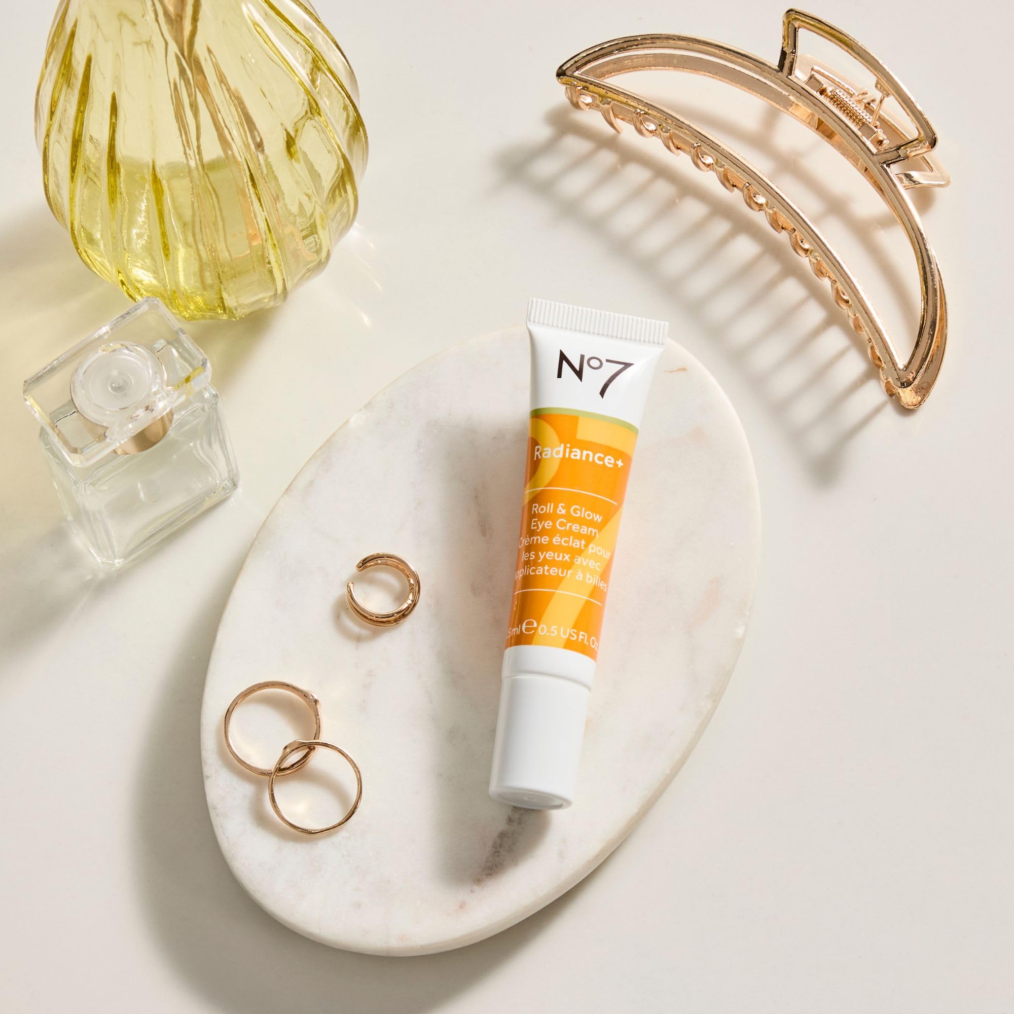 No7 bottle on bathroom counter in morning routine setting showing wake-up benefit