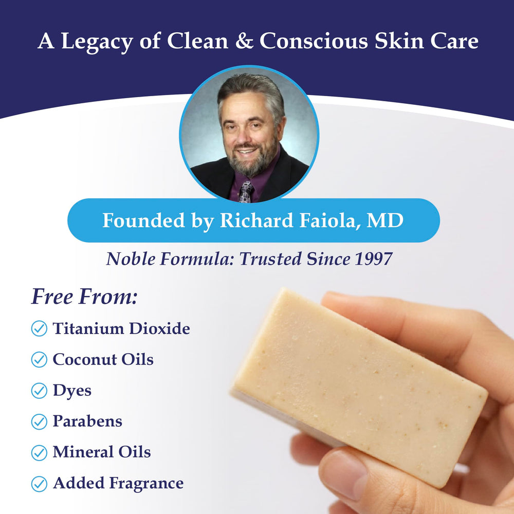 Noble Formula bar on bathroom counter in lifestyle shot, implies calm daily care