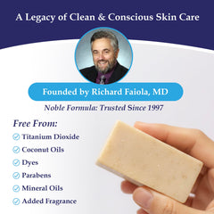 Noble Formula bar on bathroom counter in lifestyle shot, implies calm daily care