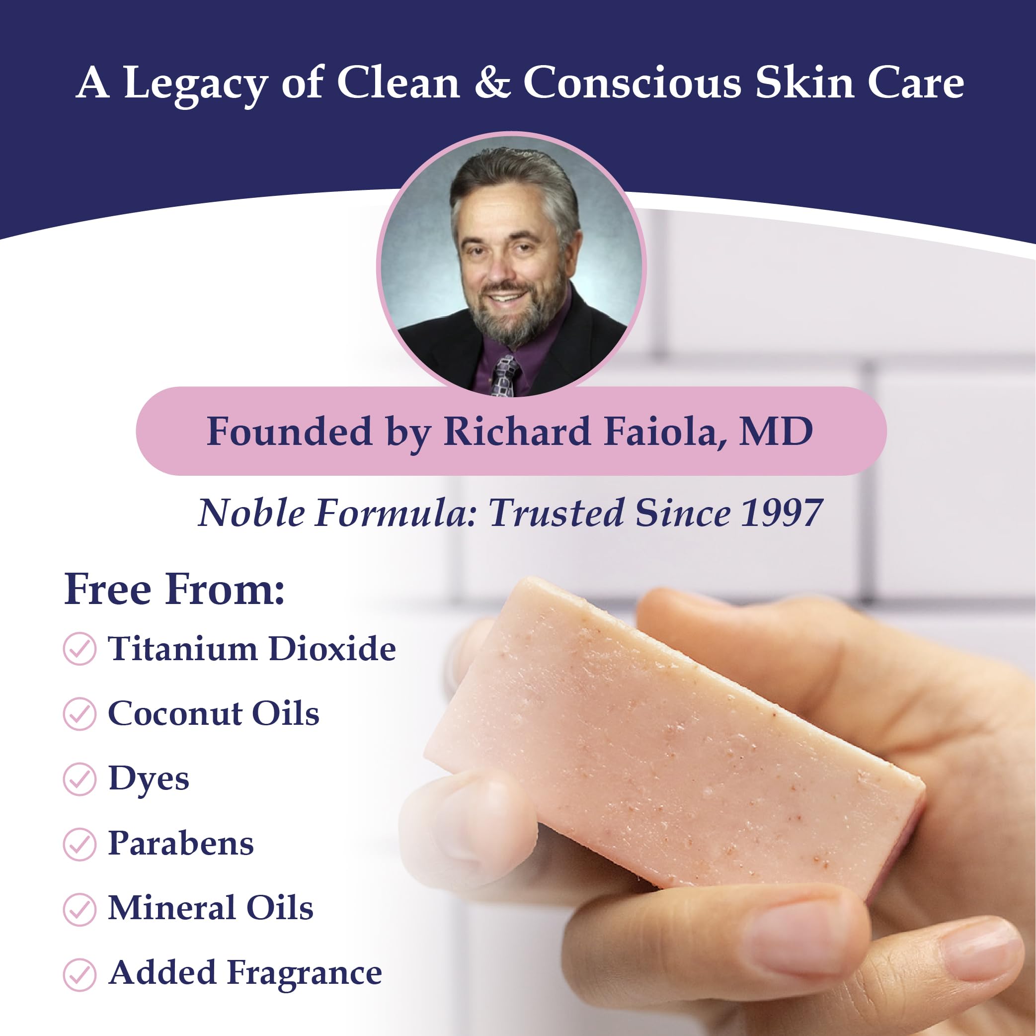 Hand holding Noble Formula soap bar to show real size and easy travel convenience