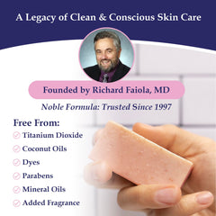 Hand holding Noble Formula soap bar to show real size and easy travel convenience