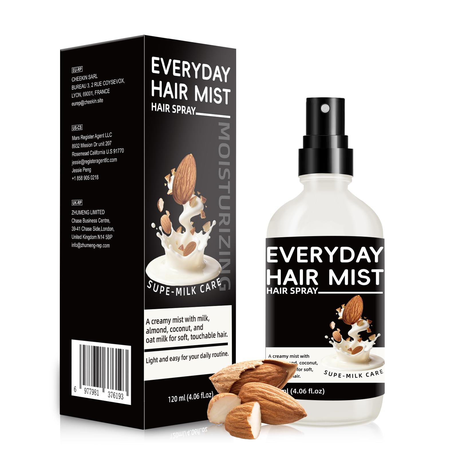 Nodfens front packaging showing the almond milk leave-in spray and benefits
