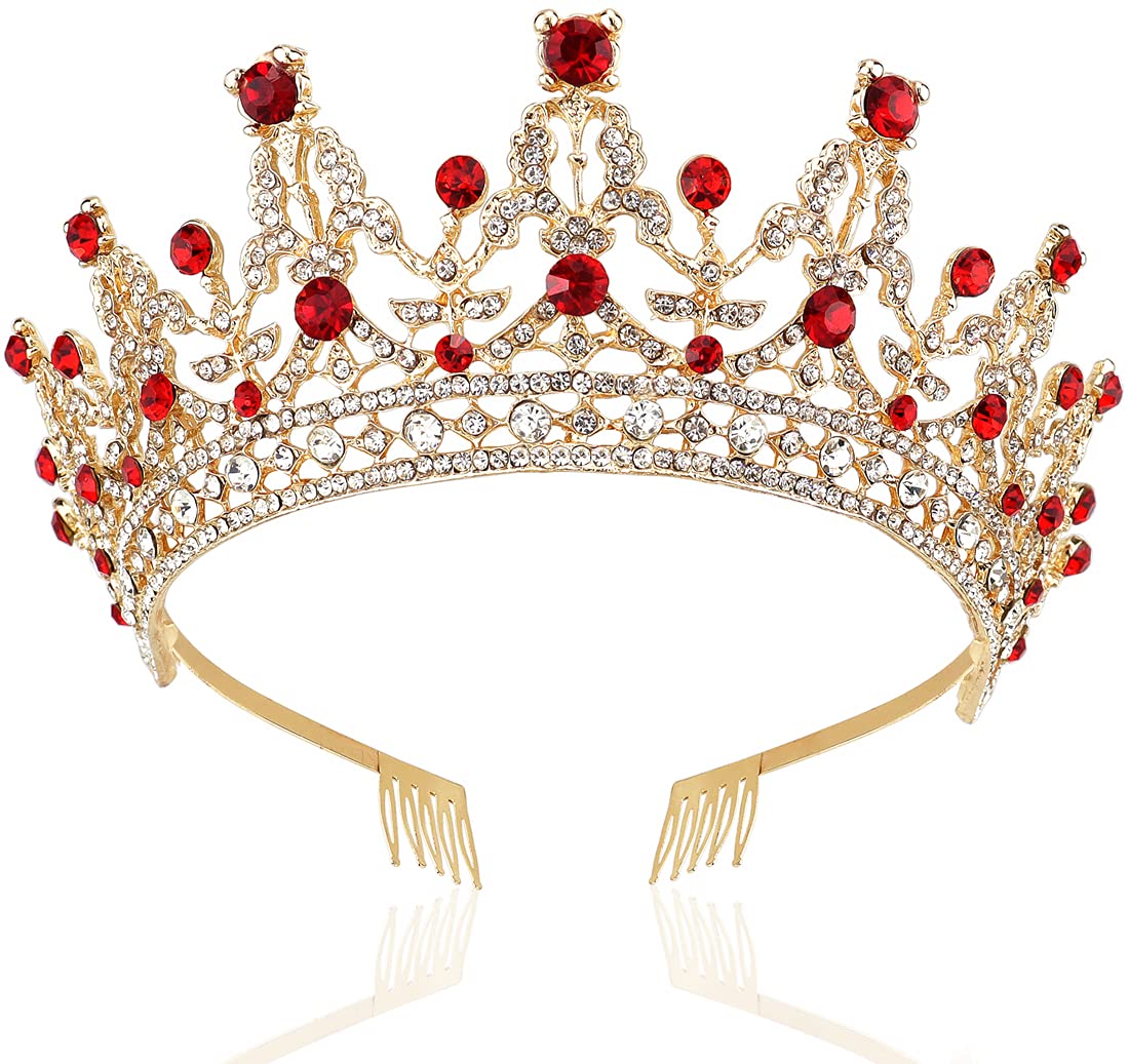 NODG front view crown showcasing red crystals and gold finish for regal look