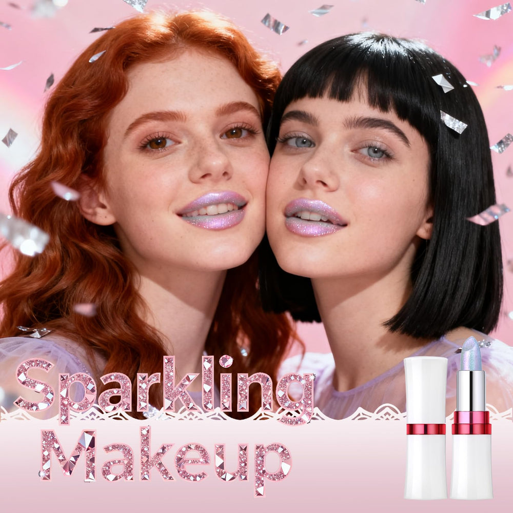 Noerrors swiped on lips of model showing duochrome shift and photo-ready sparkle benefit