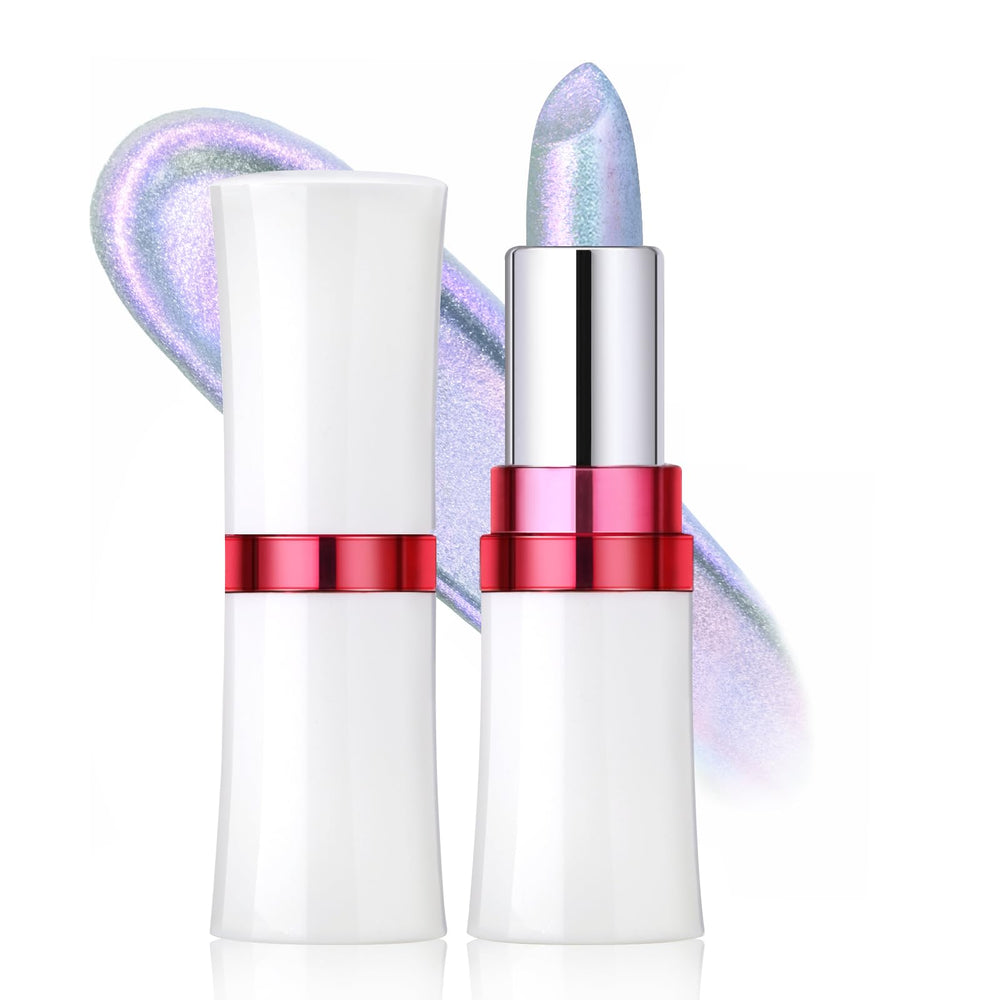 Noerrors front view of chameleon silver pink lipstick showing packaging and shimmer benefit