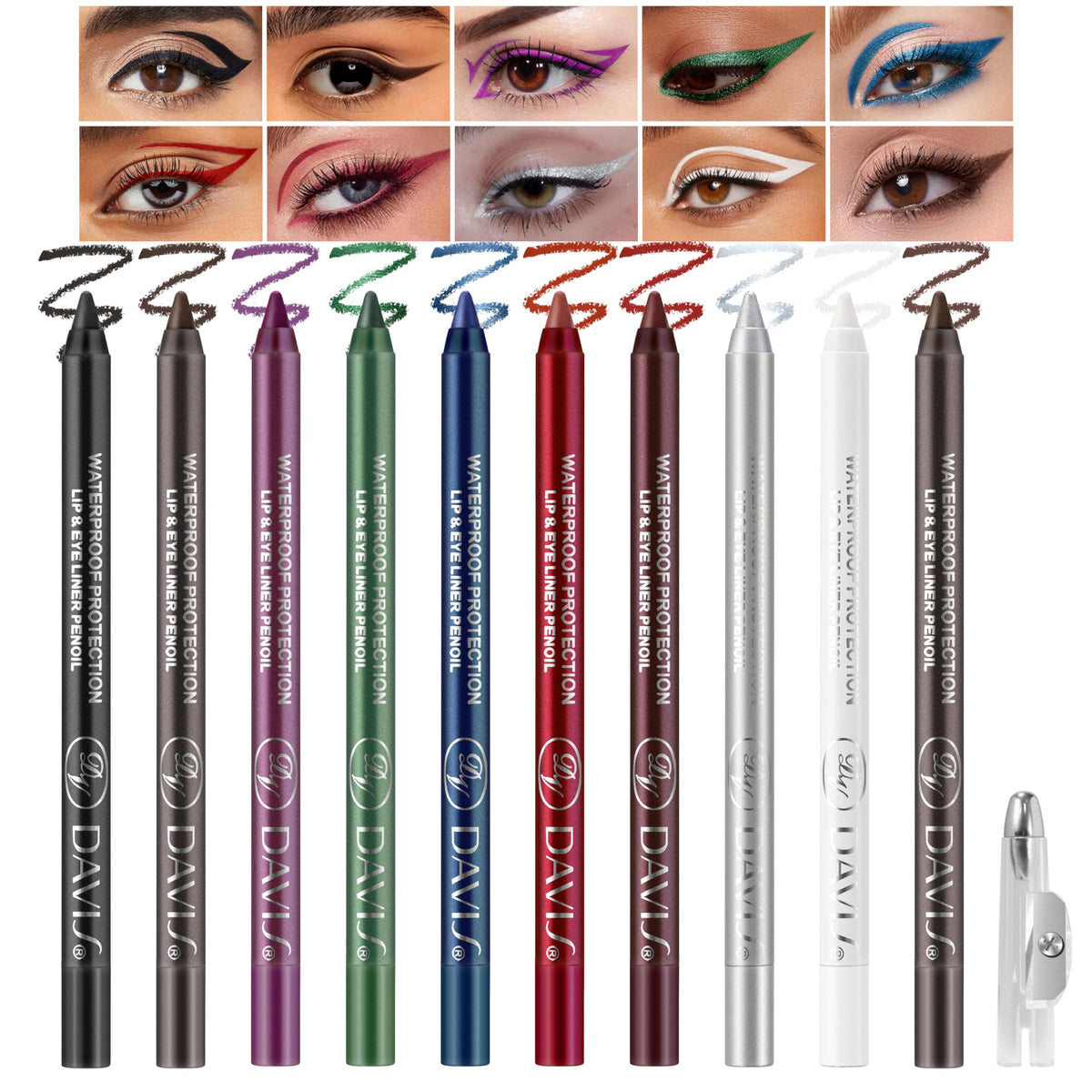 Noerrors front packaging showing all ten colorful eyeliner pencils and built-in sharpeners for variety