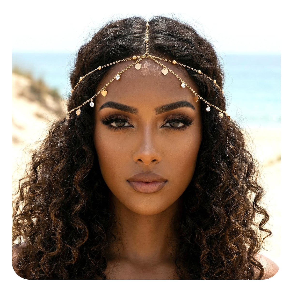 Nogeqi front view of gold head chain showing full design and sparkle benefits