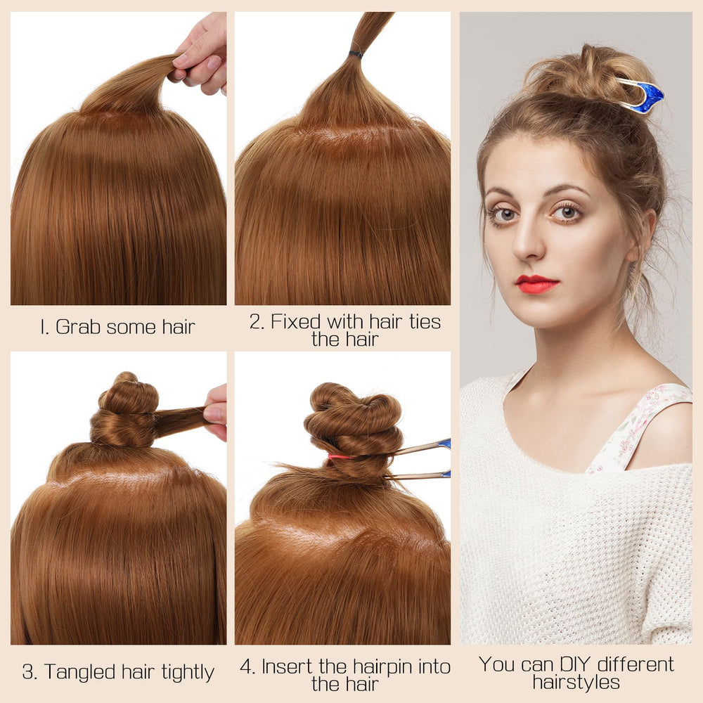 Nogeqi U pins securing a bun to demonstrate reliable hold and tidy finish