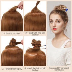 Nogeqi U pins securing a bun to demonstrate reliable hold and tidy finish