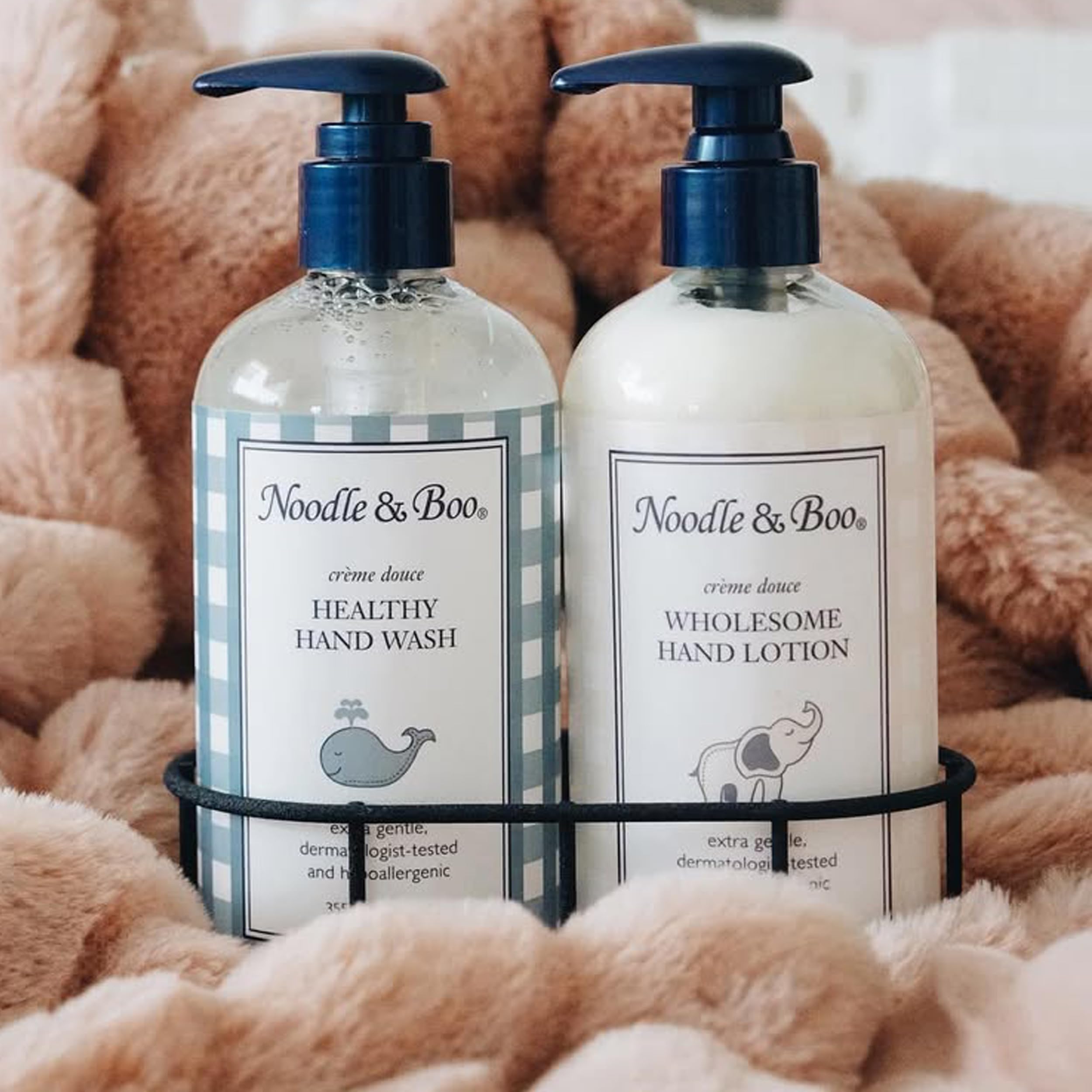 Noodle & Boo bottle by sink in family bathroom suggesting safe daily use benefit