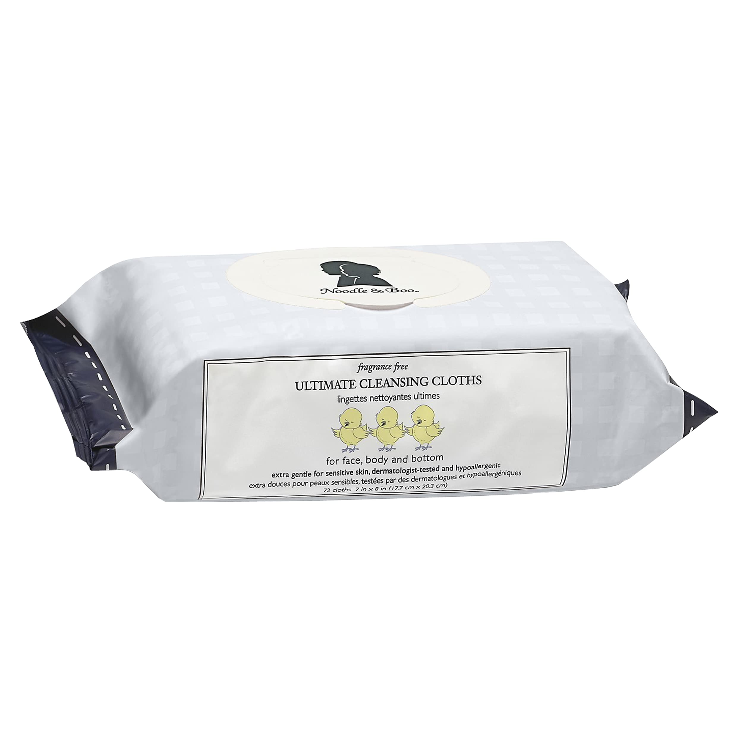 Noodle & Boo front packaging showing 72-count unscented wipes and gentle benefit