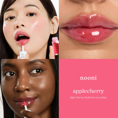 NOONI Applecherry lip swatch on model showing tint and natural plumping effect