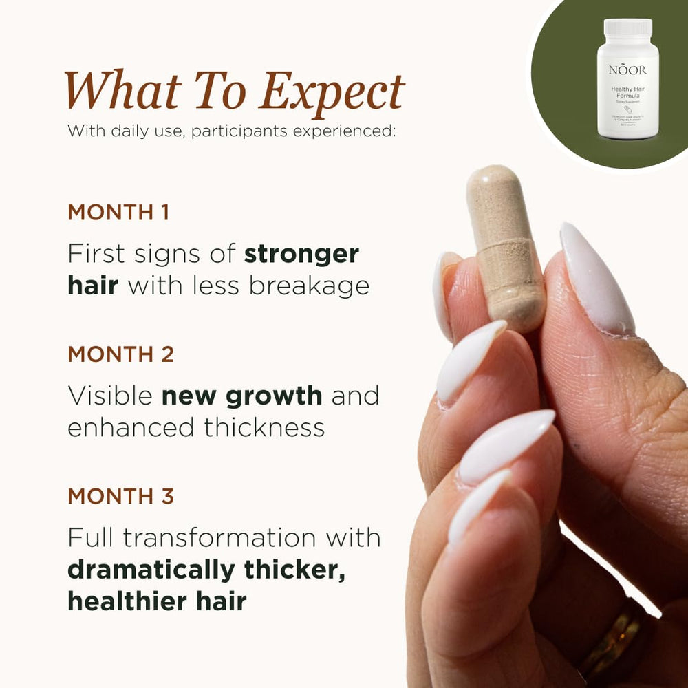 NOOR HAIR capsules close-up highlighting pill texture and potency