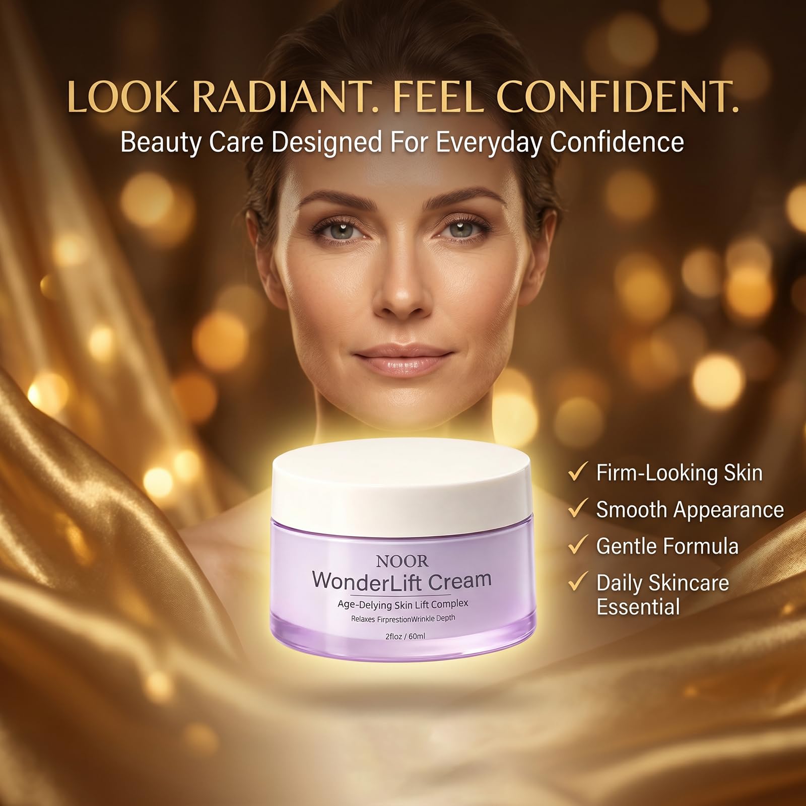 Noor Wonderlift cream styled with cloth and botanicals conveying natural formula benefit