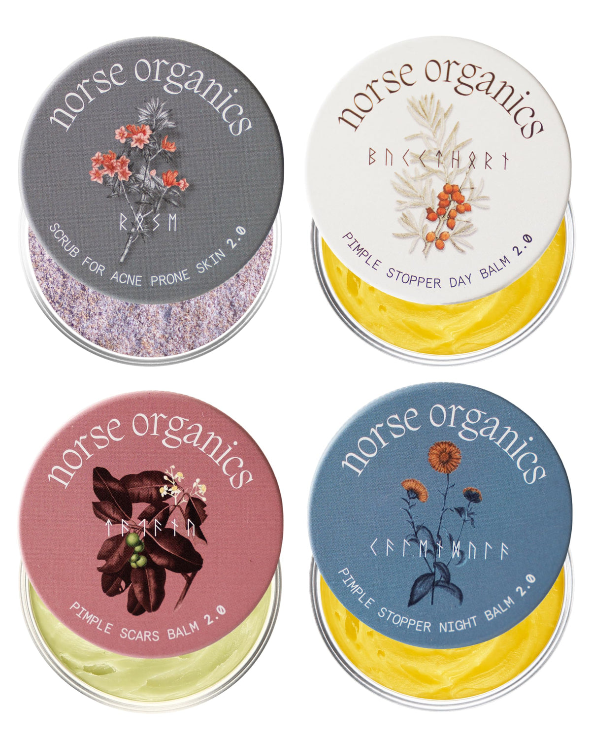 Norse Organics front packaging showing complete four-step acne kit benefit