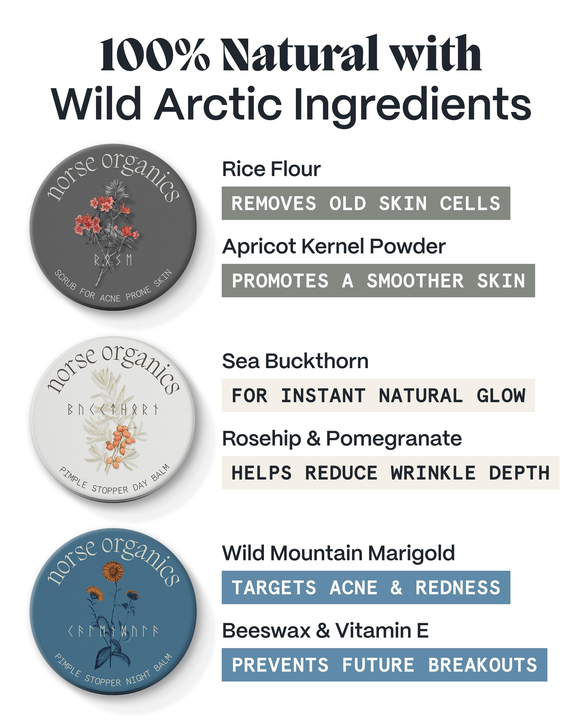 Norse Organics product label with Arctic herbs list highlighting natural actives